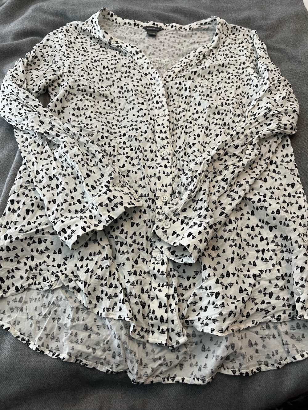 Eddie Bauer White Button-Front Shirt with Black Tree Print